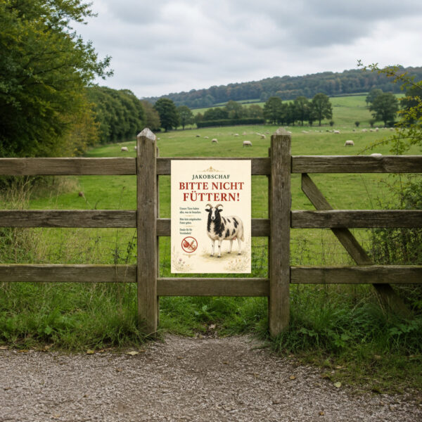 KI-generiertes Anwendungsbeispiel: Jakobschaf Bitte nicht füttern Schild auf beigem Hintergrund für Weide, Hof und Tierbereich.