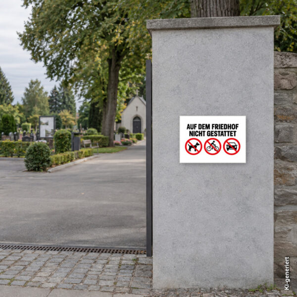 KI-generiertes Anwendungsbeispiel: Auf dem Friedhof nicht gestattet Schild – Querformat passend auf einem Friedhof angebracht.