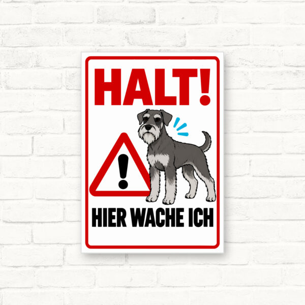 Hundeschild mit Zwergschnauzer und dem Text „HALT! Hier wache ich“ als rotes Warnschild in Hochformat.