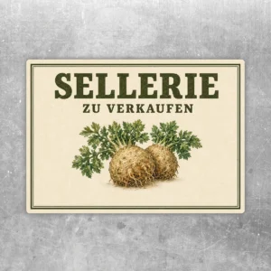 Querformatiger Sellerie zu verkaufen Aufkleber mit grüner Schrift, zwei Sellerieknollen und cremefarbenem Retro-Rahmen.