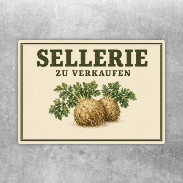 Querformatiger Sellerie zu verkaufen Aufkleber mit grüner Schrift, zwei Sellerieknollen und cremefarbenem Retro-Rahmen.