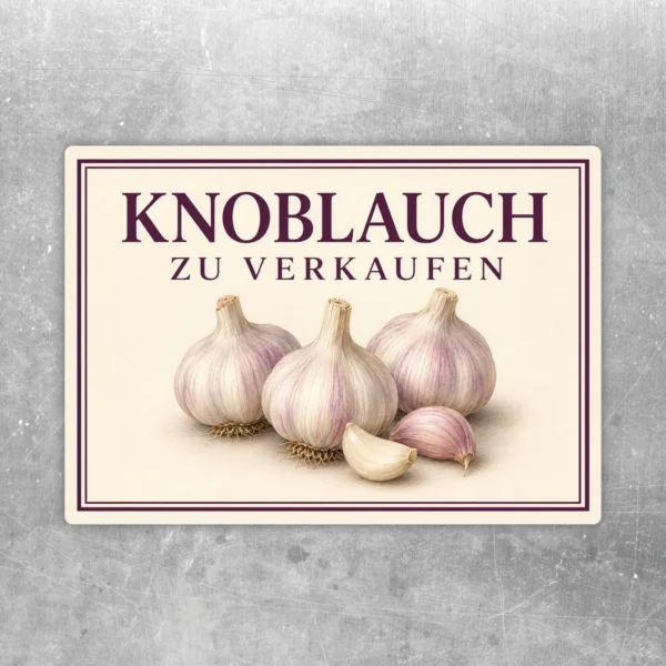 Knoblauch zu verkaufen Aufkleber mit violetter Schrift und Knoblauchmotiv auf cremefarbenem Hintergrund für Hofladen und Marktstand.