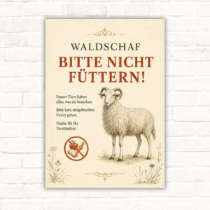 Bitte nicht füttern Schild mit Waldschaf, großem Text und Schafmotiv als Hinweisschild für Tier- und Naturbereiche.