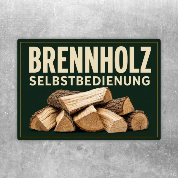 Brennholz Selbstbedienung Aufkleber in Dunkelgrün mit Holzscheiten für Holzplatz und Hofverkauf.
