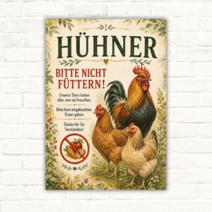 Hühner bitte nicht füttern Schild mit drei Hühnern und klarer Hinweisbotschaft als dekoratives Produktschild.
