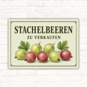 Schild mit Stachelbeeren und dem Text „ZU VERKAUFEN“ als querformatiges Verkaufsschild für Obst.