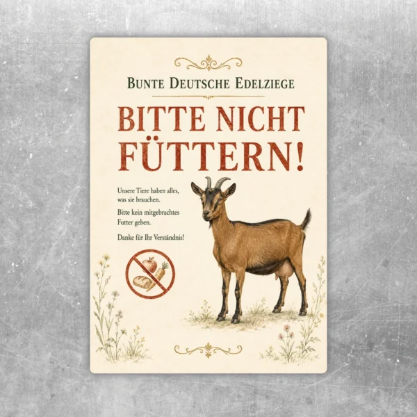 Aufkleber mit bunter deutscher Edelziege und dem Text Bitte nicht füttern für Hof, Stall und Gehegeeingang.