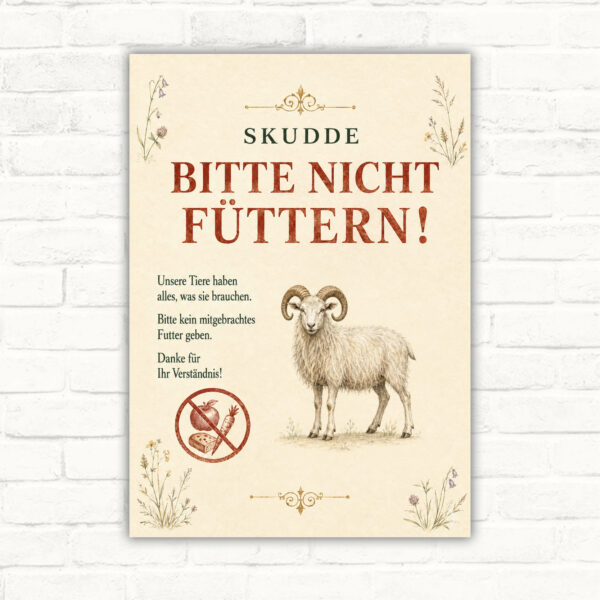 Skudde bitte nicht füttern Schild mit Skudde und klarer Hinweisbotschaft als bedrucktes Aluschild in Hochformat.