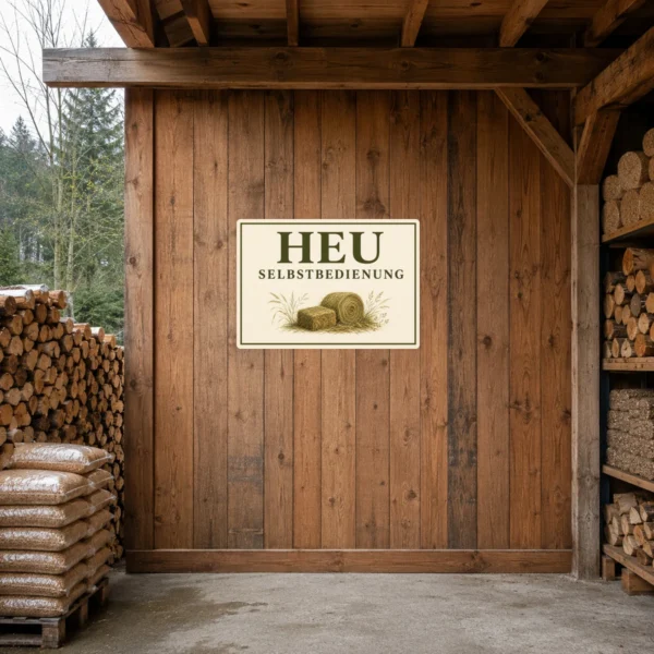 KI-generiertes Anwendungsbeispiel: Heu Selbstbedienung Aufkleber auf glatter Fläche im Hofladen mit rustikalem Naturmotiv.