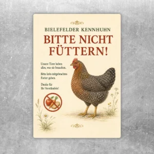 Bielefelder Kennhuhn bitte nicht füttern Aufkleber mit Henne, Verbotssymbol und ländlichem Motiv auf cremefarbenem Hintergrund.