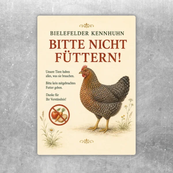 Bielefelder Kennhuhn bitte nicht füttern Aufkleber mit Henne, Verbotssymbol und ländlichem Motiv auf cremefarbenem Hintergrund.