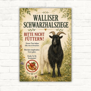Walliser Schwarzhalsziege mit dem Text Bitte nicht füttern auf einem bedruckten Hinweisschild für Hof oder Gehege.