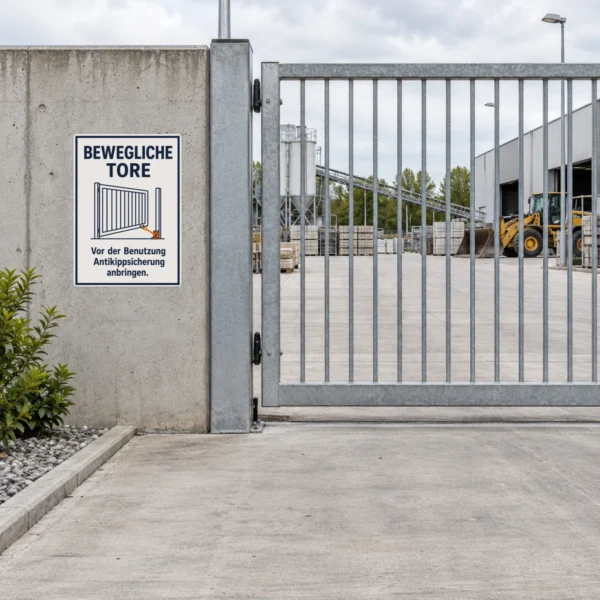 KI-generiertes Anwendungsbeispiel eines Warnaufklebers Bewegliche Tore Antikippsicherung an grauer Oberfläche.