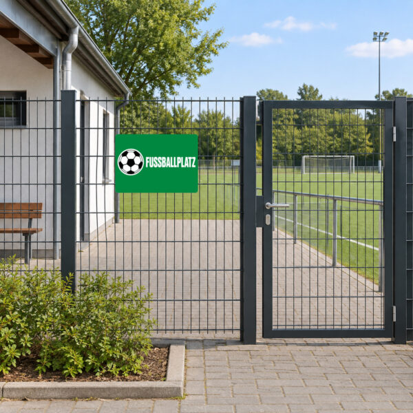 KI-generiertes Anwendungsbeispiel: FUSSBALLPLATZ Aufkleber mit Ballmotiv im Querformat am passenden Einsatzort.