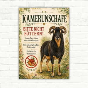 Schild mit Kamerunschaf und Text „BITTE NICHT FÜTTERN“ als dekoratives Hinweisschild für Hof und Weide.