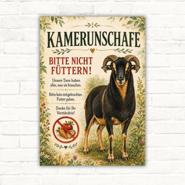 Schild mit Kamerunschaf und Text „BITTE NICHT FÜTTERN“ als dekoratives Hinweisschild für Hof und Weide.