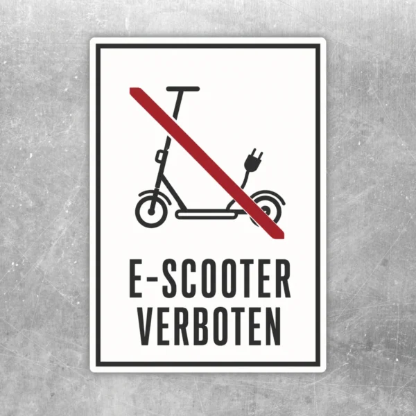 E-Scooter verboten Aufkleber im Hochformat mit schwarzem Roller-Piktogramm, rotem Verbotsbalken und Text.