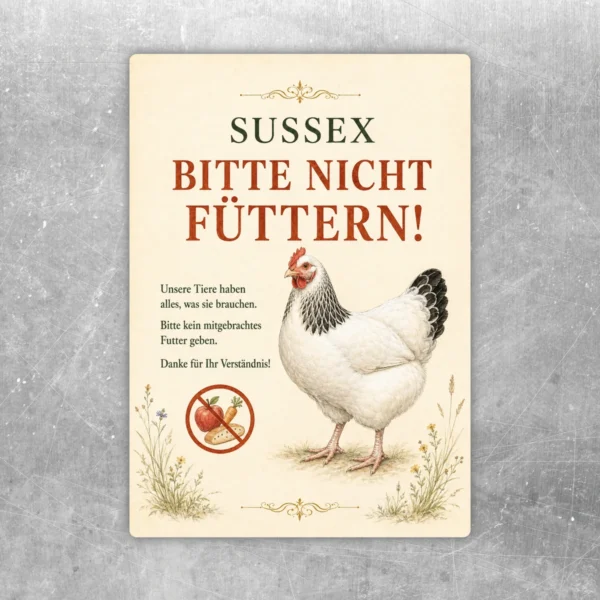 Bedruckter Aufkleber mit Huhn und dem Hinweis Bitte nicht füttern für Hühner und Geflügel.