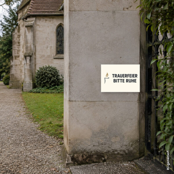 KI-generiertes Anwendungsbeispiel für Trauerfeier – Bitte Ruhe Schild – Querformat