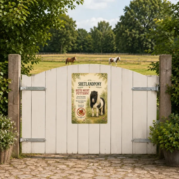 KI-generiertes Anwendungsbeispiel: Shetlandpony bitte nicht füttern Aufkleber in Hochformat auf einer Stalltür mit freundlichem Ponymotiv und Naturrahmen.