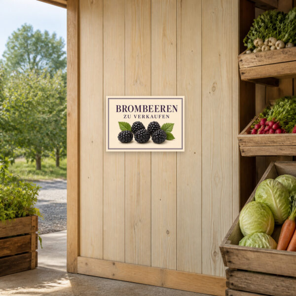 KI-generiertes Anwendungsbeispiel: Brombeeren-Schild „Brombeeren zu verkaufen“ als Querformat-Verkaufsschild für Hofladen und Straßenverkauf.