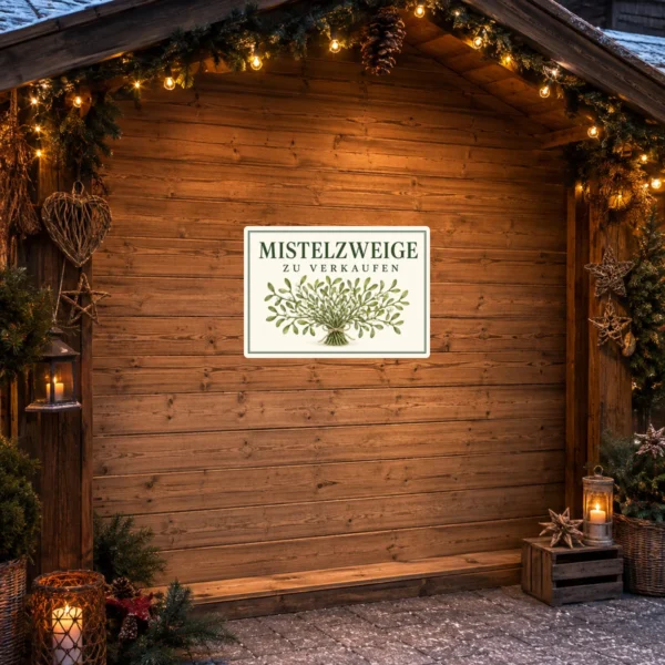 KI-generiertes Anwendungsbeispiel: Aufkleber mit Mistelzweigen und dem Text „Mistelzweige zu verkaufen“ in grün-beiger Weihnachtsoptik.