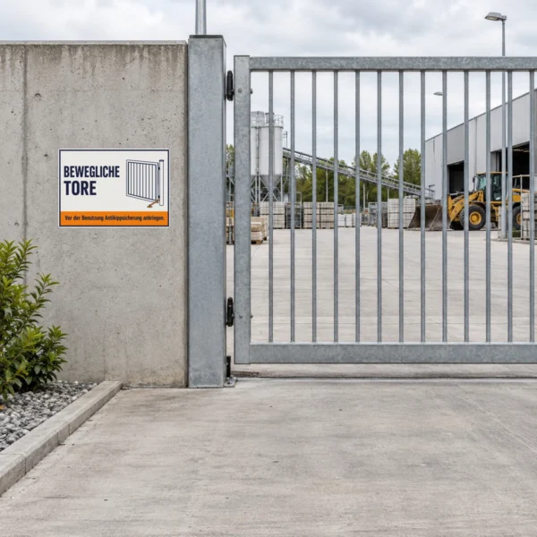 KI-generiertes Anwendungsbeispiel: Aufkleber Bewegliche Tore Antikippsicherung anbringen auf grauer Metallfläche.