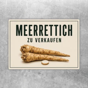Querformatiger Meerrettich zu verkaufen Aufkleber mit dunkler Schrift und naturfarbenem Motiv auf hellem Grund.