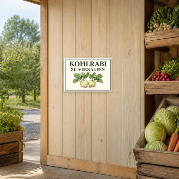 KI-generiertes Anwendungsbeispiel: Querformat-Schild „Kohlrabi zu verkaufen“ mit zwei illustrierten Kohlrabi für den Hofverkauf.