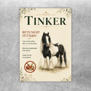 Bitte nicht füttern Aufkleber für Tinker-Pferde mit Pferdemotiv, Verbotssymbol und gut lesbarer Hinweisgestaltung.