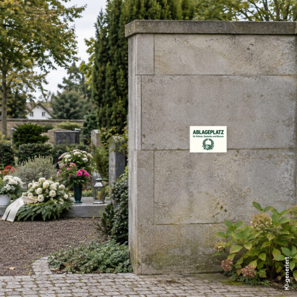 KI-generiertes Anwendungsbeispiel: Ablageplatz für Kränze, Gestecke und Blumen Aufkleber – Querformat passend auf einem Friedhof angebracht.
