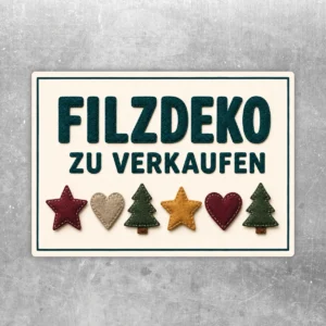 Filzdeko zu verkaufen Aufkleber mit türkisfarbener Schrift und dekorativen Filzmotiven für kreative Verkaufsflächen.