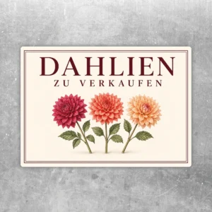 Querformatiger Dahlien zu verkaufen Aufkleber mit drei farbigen Blüten, bordeaux, rosa und orange-creme, auf hellem Hintergrund.