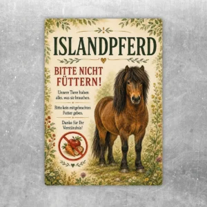 Islandpferd bitte nicht füttern Aufkleber mit braunem Pferd, Naturrahmen und deutlichem Hinweistext im Hochformat.