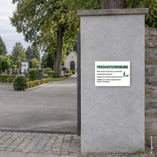 KI-generiertes Anwendungsbeispiel: Friedhofsordnung Schild – Querformat passend auf einem Friedhof angebracht.