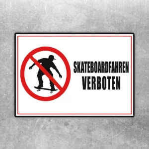 Skateboardfahren verboten Aufkleber querformat mit rotem Verbotszeichen, schwarzer Skater-Silhouette und Text.