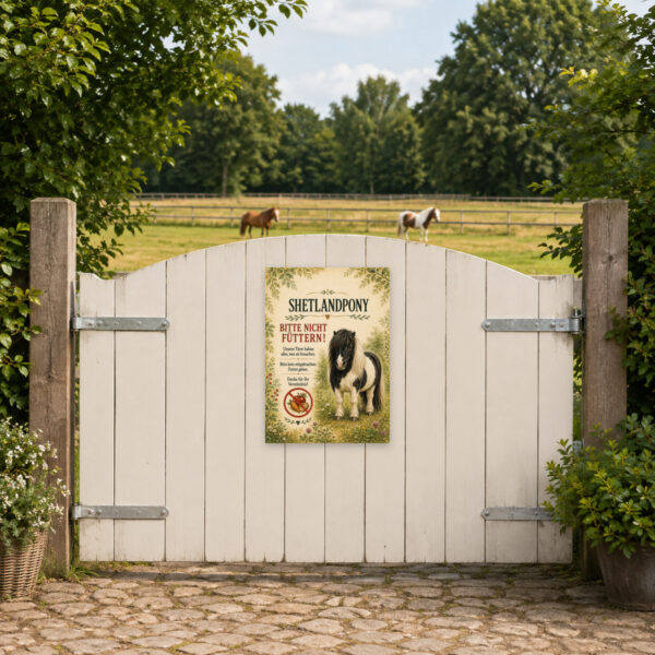 KI-generiertes Anwendungsbeispiel: Shetlandpony bitte nicht füttern Schild als dekorativer Hinweis an Weide, Stall oder Zaun.