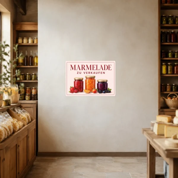 KI-generiertes Anwendungsbeispiel: Aufkleber „Marmelade zu verkaufen“ auf einer glatten Verkaufsfläche mit fruchtigem Motiv in Querformat.