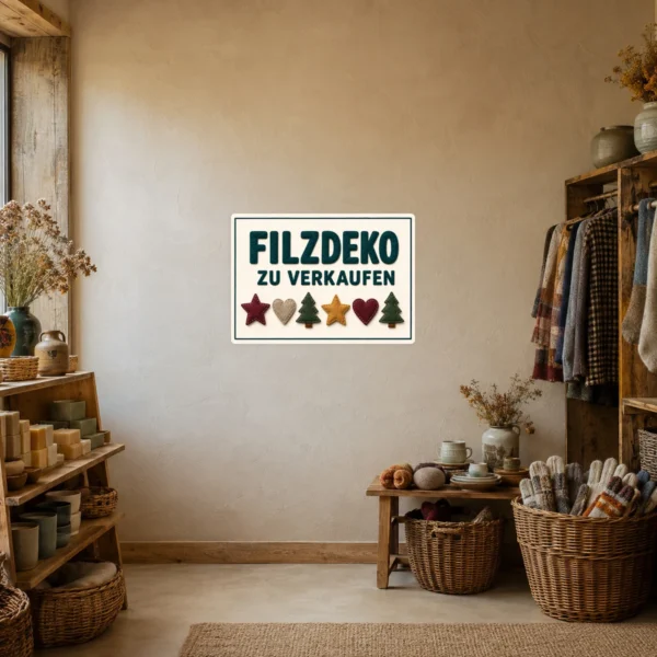 KI-generiertes Anwendungsbeispiel: Filzdeko zu verkaufen Aufkleber auf einer hellen Verkaufsfläche mit dekorativen Handmade-Motiven.