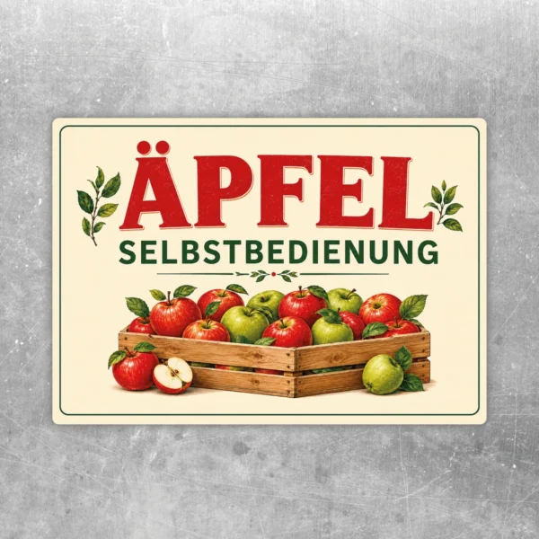 Aufkleber mit ÄPFEL SELBSTBEDIENUNG, roten und grünen Äpfeln in Holzkiste für den Obstverkauf.