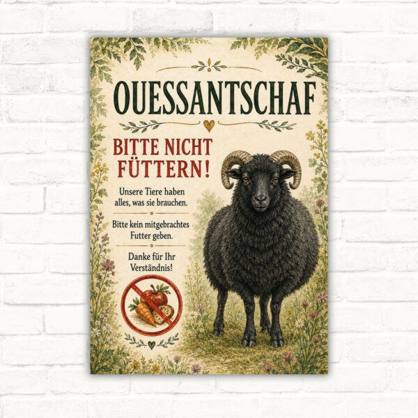 Ouessantschaf bitte nicht füttern Schild mit Schafmotiv, rotem Hinweistext und dekorativer Bauernhofgestaltung.