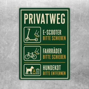 Privatweg Aufkleber im Hochformat mit Hinweisen E-Scooter und Fahrräder schieben sowie Hundekot entfernen.