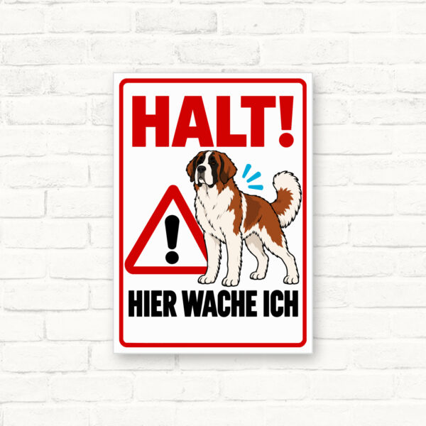 Hundeschild mit Bernhardiner und dem Text „HALT! Hier wache ich“ als rotes Warnschild für Haus und Hof.