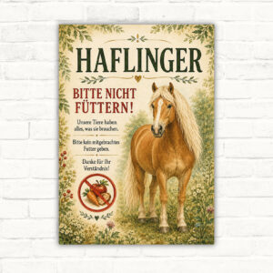 Haflinger Bitte nicht füttern Schild mit Pferdemotiv und rotem Hinweistext für Stall, Weide und Hof.