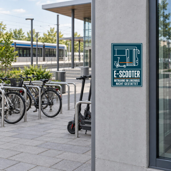 KI-generiertes Anwendungsbeispiel: E-Scooter Mitnahme im Linienbus nicht gestattet Schild am passenden Einsatzort mit gut sichtbarem Motiv und klarer Beschriftung.