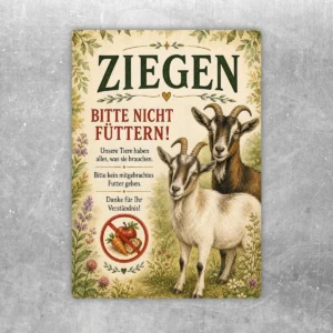 Ziegen bitte nicht füttern Aufkleber mit zwei Ziegen, floralem Rand und rotem Verbotssymbol in grün-beigen Tönen.