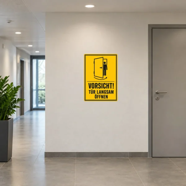 KI-generiertes Anwendungsbeispiel: Vorsicht Tür langsam öffnen Aufkleber gut sichtbar auf grauer Metalltür.