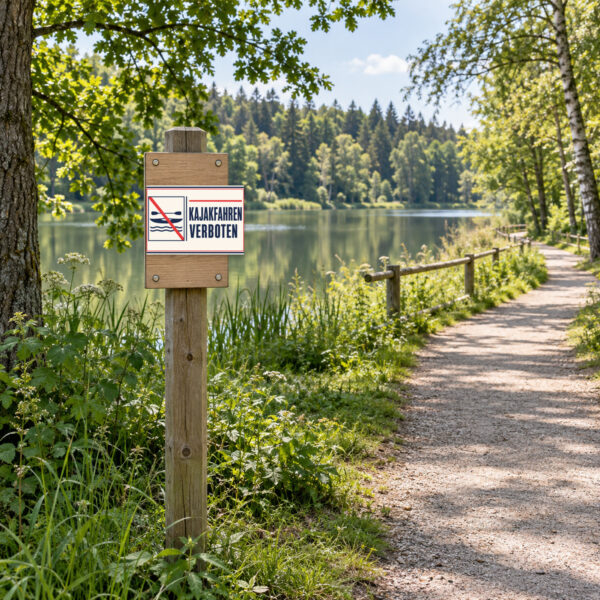 KI-generiertes Anwendungsbeispiel: Kajakfahren verboten Schild im Querformat an einem Uferzugang mit klarer Verbotskennzeichnung.