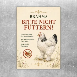 Brahma bitte nicht füttern Aufkleber mit Brahma-Henne, rotem Hinweistext und Futterverbot für Stall und Hof.