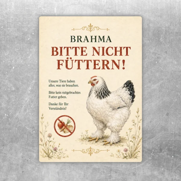 Brahma bitte nicht füttern Aufkleber mit Brahma-Henne, rotem Hinweistext und Futterverbot für Stall und Hof.